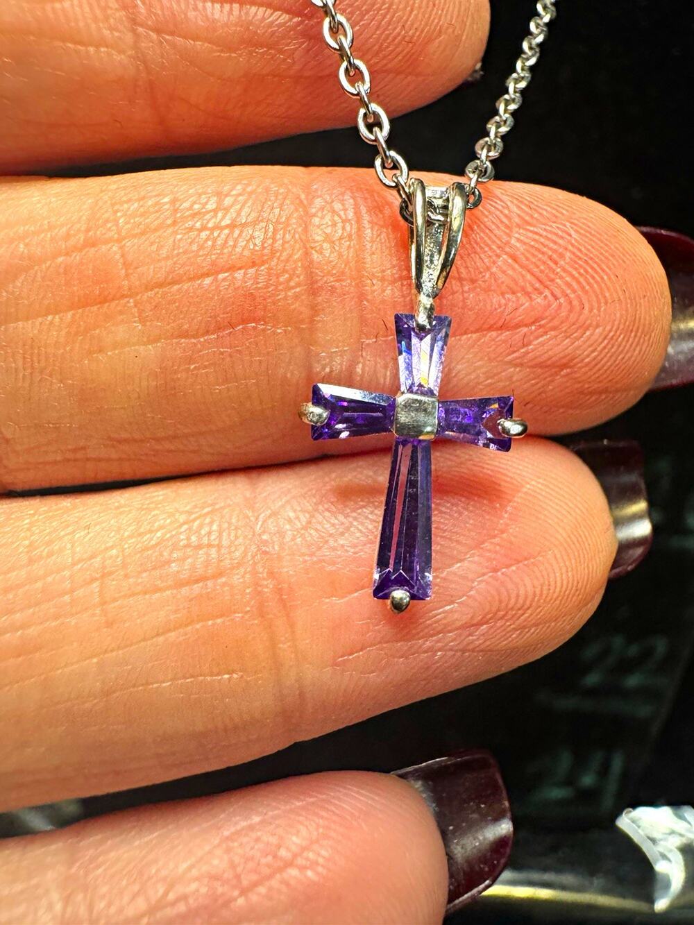 Sterling Silver Purple Baguette Sim Cross Pendant and Cable Chain Necklace